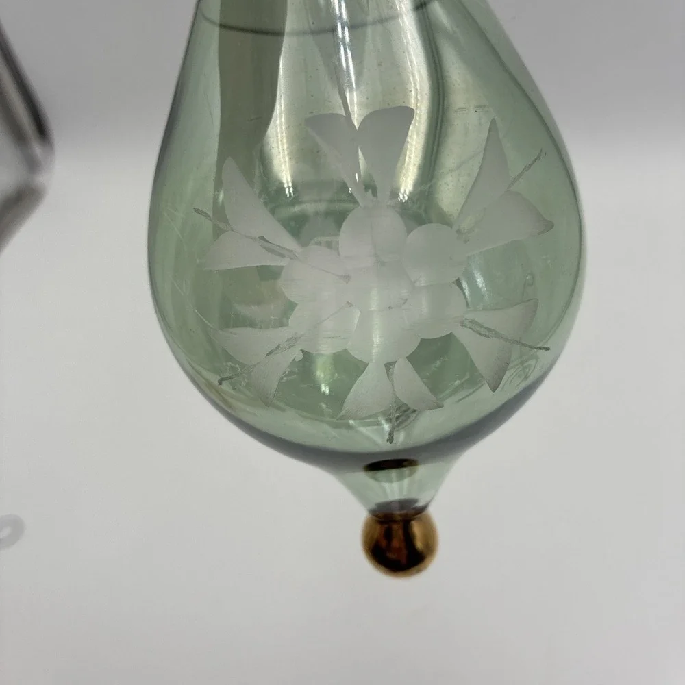 Vintage Egyptian Hand Blown Glass Ornament Green Etched Floral Gold Trim 9.75